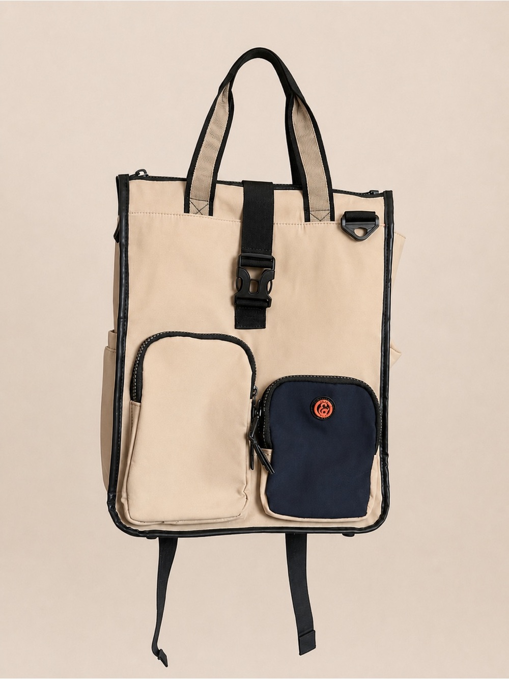 Joan & David Convertible Tote Backpack Beige Black Multi-Pocket Bag